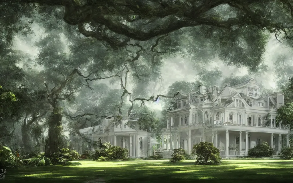 Image similar to a white manor house on a lush southern plantation with a tree-lined driveway, romanticism, hyperdetailed, artstation, cgsociety, 8k, masterpiece, sharp