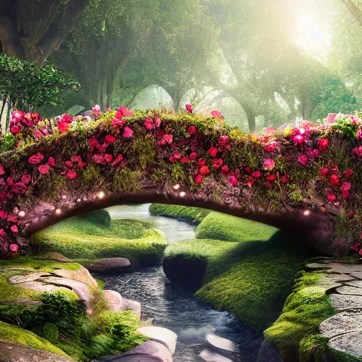 Image similar to an elaborate whimsical garden of hibiscus flowers growing over a stone bridge over a brook, hyperdetailed photograph, soft lighting, volumetric lighting, 4k