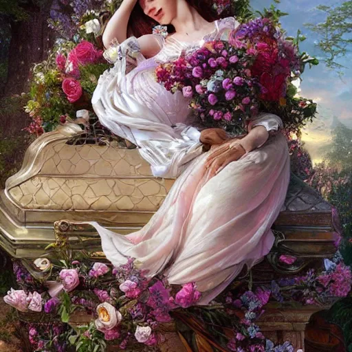 Prompt: an elaborate coffin with a mysterious sleeping beauty holding a large bouquet of flowing flowers, hands hidden under the bouquet, top view, fantasy, regal, intricate, by stanley artgerm lau, greg rutkowski, thomas kindkade, alphonse mucha, loish, norman rockwell