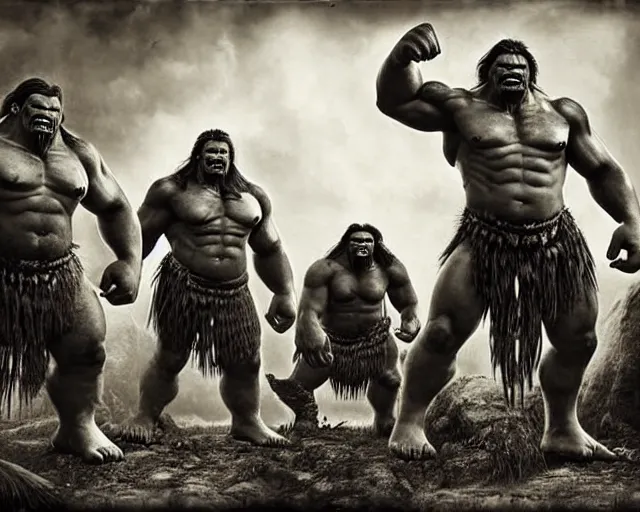 Image similar to hyper realistic group vintage photograph of a live action warcraft orc warrior tribe in the jungle, tall, hulk like physique, detailed faces, tribal paint, tribal armor, grain, old, monochrome, sepia toned, realistic lighting, wide angle