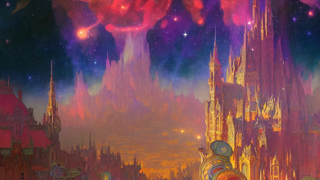 Prompt: a beautiful highly detailed matte painting of colorful castle nebulas by moebius, alphonse mucha, stars in the background, highly detailed, intricate design, cinematic view, 8 k resolution, octane render, trending on artstation and cgsociety