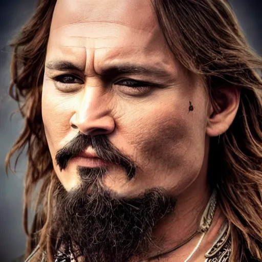 Prompt: hyperrealistic photograph of a brown-haired viking Johnny Depp, 8k, profile picture, cinematic, high contrast, epic real fantasy, stoic facial expression, looking at the camera