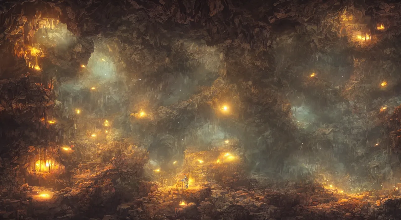 Image similar to a gloomy cave filled with giant hamsters and fireflies, mysterious, large scale, breathtaking, mixed media, digital art, trending on artstation, 8k, epic composition, highly detailed, AAA graphics