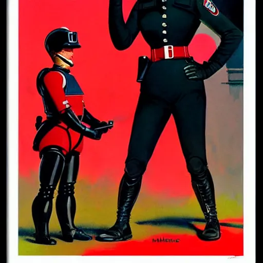 Image similar to a retrofuturistic security officer wearing black helmet and red uniform, vintage, retrofuturism, art by marc davis, marc davis artwork, poster