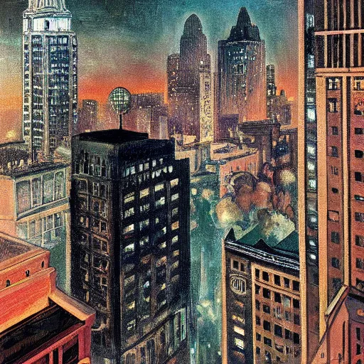 Prompt: muted color ultra realistic painting of a balcony view of 1 9 2 5 boston downtown at night in dr strange's mirror dimension, dark, brooding, night, atmospheric, horror, cosmic, ultra - realistic, smooth, highly detailed in the style of clyde caldwell