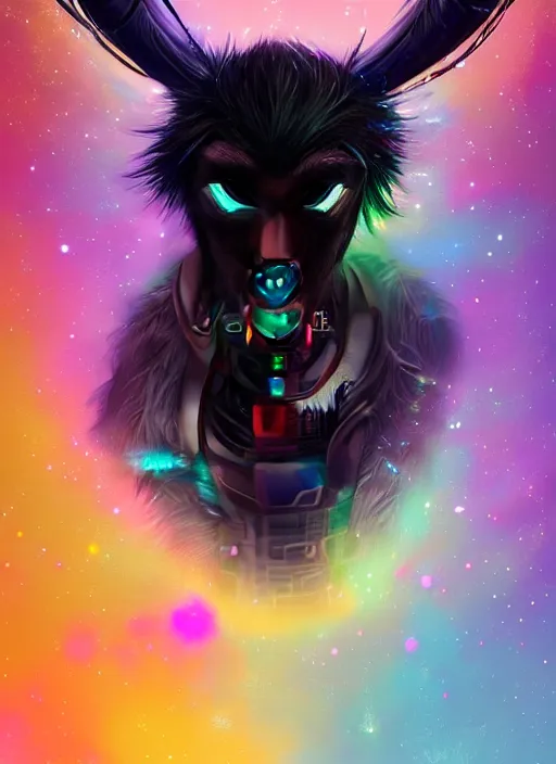 Image similar to award winning beautiful portrait commission of a male furry anthro Black Reindeer cyberpunk fursona with a tail, wings, wings, wings and a cute beautiful attractive detailed furry face wearing a crown, stylish black and rainbow galaxy clothes, outline, in a cyberpunk city at night while it rains. Character design by charlie bowater, ross tran, artgerm, and makoto shinkai, detailed, inked, western comic book art