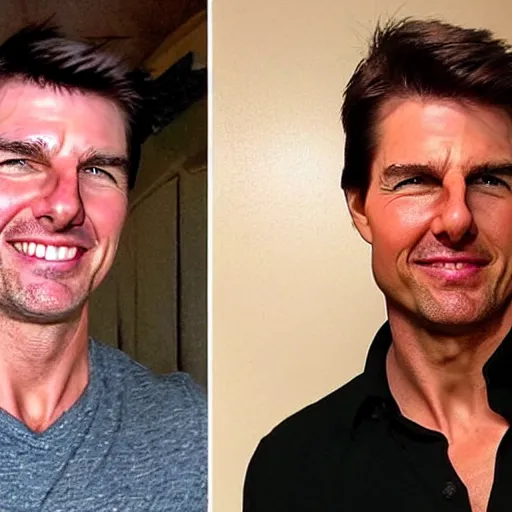 Prompt: just took a photo with a Tom Cruise look-alike, does he really look like Tom Cruise? viral photo, instagram photo, the camera flash is bright in his face,