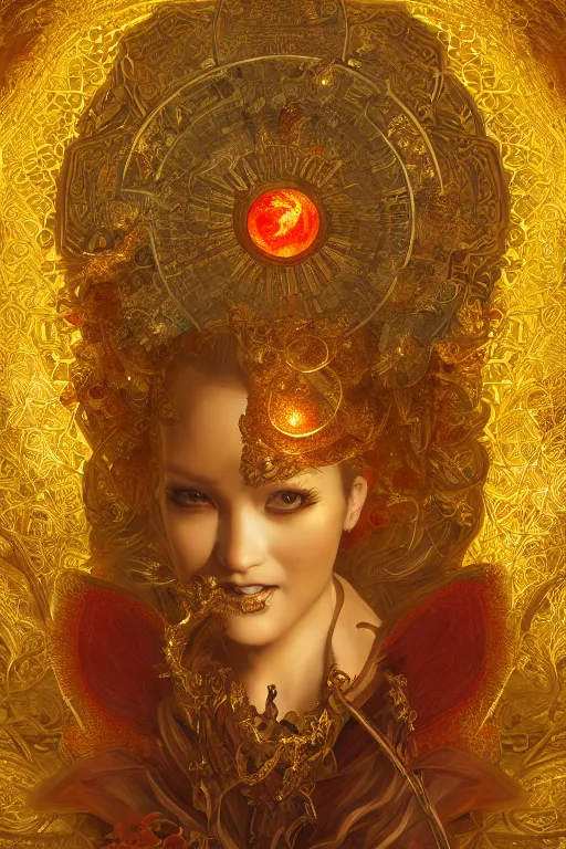 Prompt: tarot card artstation, portrait of a winged love dancer, sunrise, baroque ornament and rococo ornament, ancient chinese ornate, hyperdetailed, beautiful lighting, craig mullins, mucha, klimt, yoshitaka amano, red and gold and orange color palette