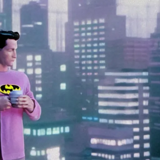 Image similar to movie still of batman drinking tea, vaporwave