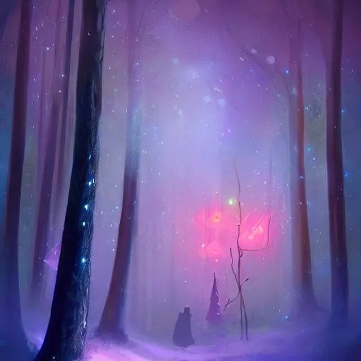 Image similar to beautiful picture of a magical lights and fireflies glowing with different colours everywhere in a blizzard in an enchanted beautiful forest, fantasy art, trending on artstation, cgsociety, nice composition, great fantasy mood