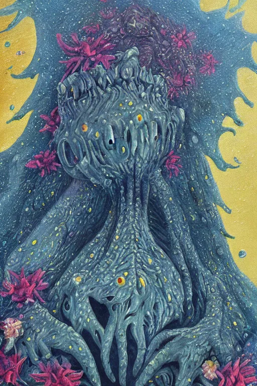 Image similar to oil painting, close-up, hight detailed, giant lovecraftian monster with flowers everywhere beneath night stars mixed with blue sky, in style of 80s sci-fi art, neodada