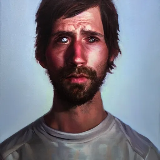 Image similar to portrait of a sleepy - looking programmer guy begging for forgiveness, oil on canvas, masterwork, fine detail, trending on artstation, emotive, insanely compelling