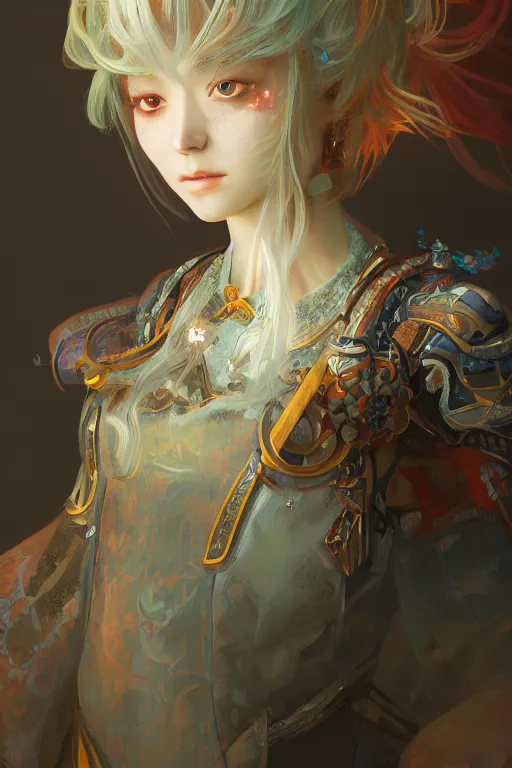 Image similar to portrait online game genshin character MONA, in ruined fantasy world Sunrise, ssci-fi, fantasy, intricate, very beautiful and elegant, highly detailed, digital painting, artstation, concept art, smooth and sharp focus, illustration, art by tian zi and WLOP and alphonse mucha