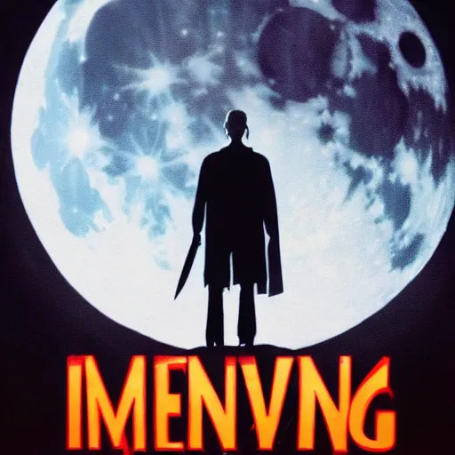 Image similar to movie poster of menacing figure with a cleaver standing in the middle of a road, night, large moon in the sky, by drew struzan, excellent composition, dark