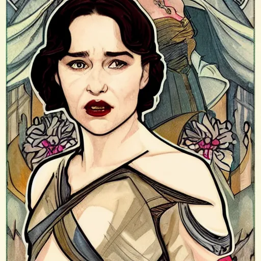 Image similar to emilia clarke as qi'ra, mucha style,