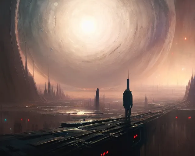 Image similar to great city at the end of time floating in space, a sci-fi digital painting by Greg Rutkowski and James Gurney, trending on Artstation, eerily beautiful, highly detailed