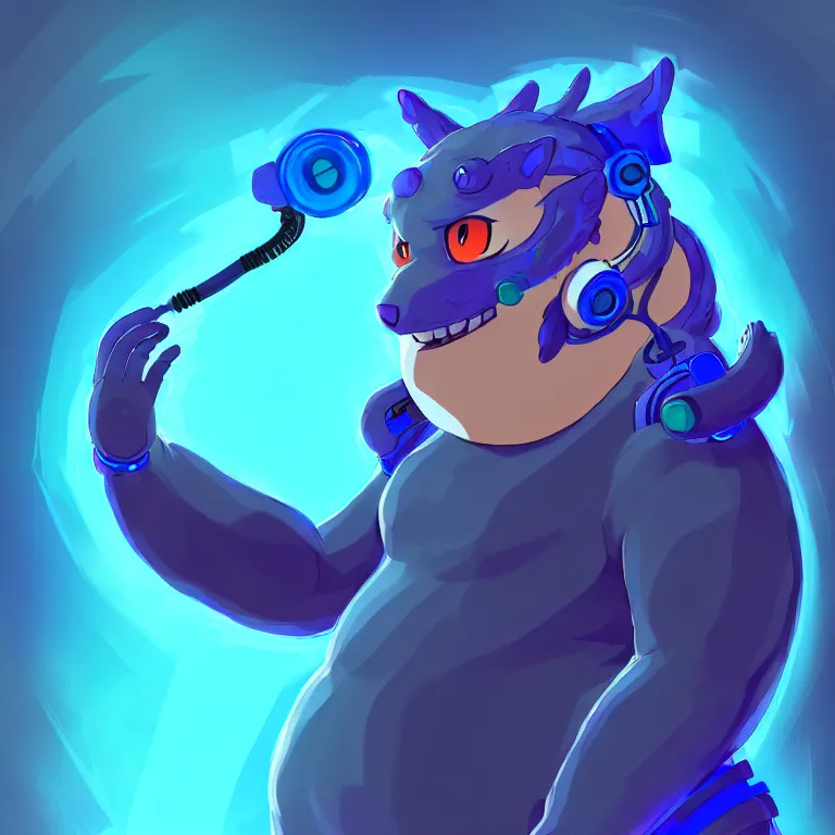 Prompt: a chubby anthropomorphic male blue dragon fursona, headphones on his head, cyberpunk, furry, soft colors, oil on canvas, digital art, soft lighting