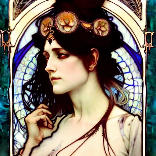 Prompt: realistic detailed face portrait of Ethereal Gothic Mata Hari by Alphonse Mucha, Ayami Kojima, Yoshitaka Amano, Charlie Bowater, Karol Bak, Greg Hildebrandt, Jean Delville, and Mark Brooks, Art Nouveau, Pre-Raphaelite, Neo-Gothic, gothic, Art Nouveau, intricate fine details, exquisite, rich deep moody colors, beautiful detailed background