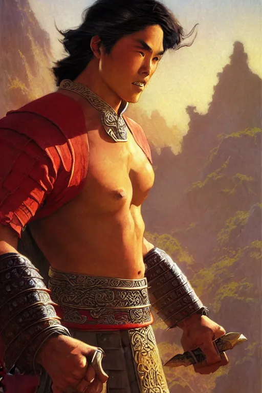 Prompt: tales from earthsea, attractive beefy male with armor, ancient china, three kingdoms, character design, dynamic lighting, cool and bright tint, painting by gaston bussiere, craig mullins, j. c. leyendecker, tom of finland