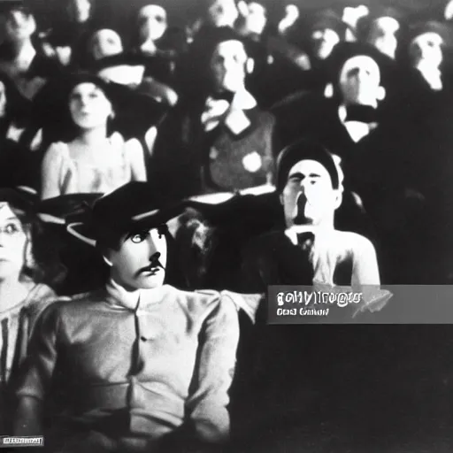 Prompt: silent film still of charlie chaplin's the tramp sitting in the audience of a movie theater, watching a superhero movie projected on the screen