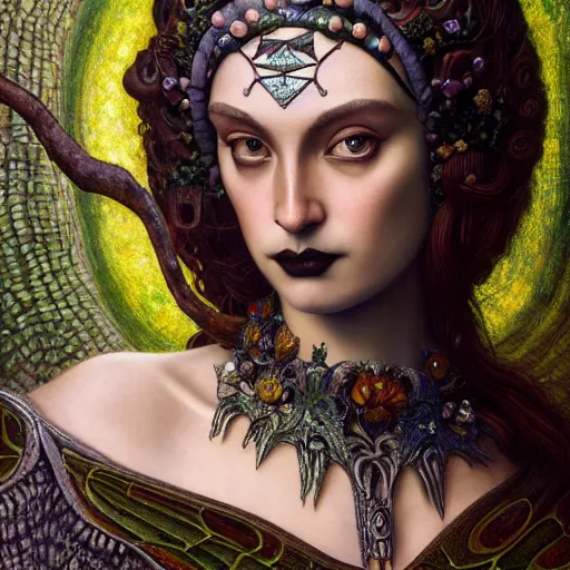 Prompt: a baroque neoclassicist closeup renaissance portrait of a beautiful forest queen with glowing eyes, moth wings with iridescent geometric patterns, reflective detailed textures, dark fantasy science fiction painting by diego rivera and jean delville and donato giancola and nicholas roerich and tom bagshaw, goth, dramatic lighting, gleaming silver and rich colors, artstation, octane render