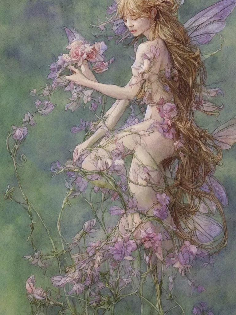 Image similar to study of a flower fairy, illustration, watercolor, alan lee, detailed, pretty, ethereal, realistic, artstation