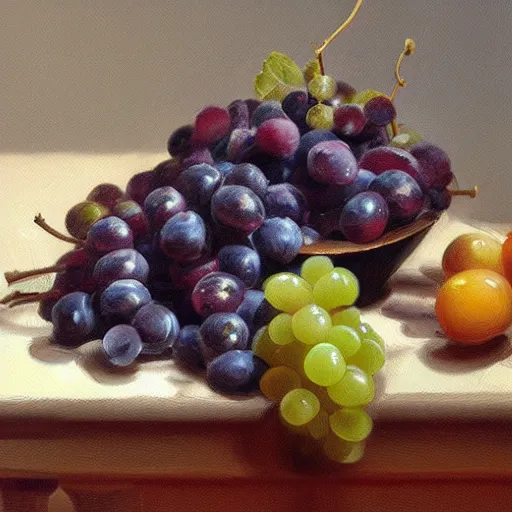 Prompt: a cat with grapes on a table, still life painting, artstation