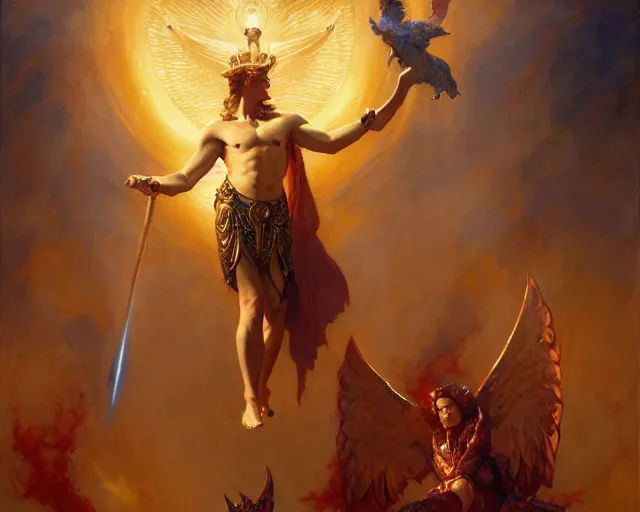 Image similar to attractive male deity, casting demonic magic, summoning handsome lucifer morning star. highly detailed painting by gaston bussiere, craig mullins, j. c. leyendecker 8 k