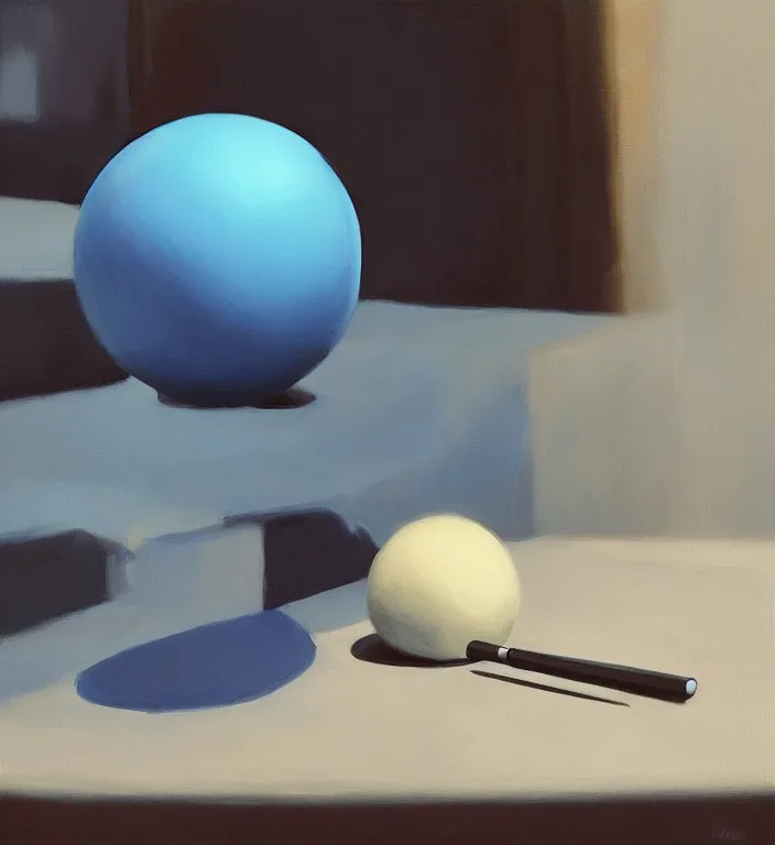 Prompt: a blue ball on a table, digital artwork by Wlop