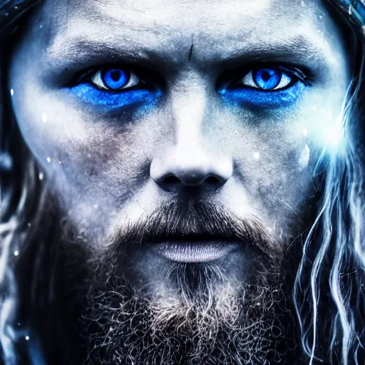 Prompt: photograph of a Viking with piercing blue eyes, glassy eyes, galaxy in eyes, dramatic lighting, dramatic lighting, beautiful, epic, glorious, extreme detail, 4k, award-winning