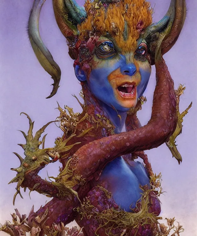 Prompt: a portrait photograph of a meditating fierce colorful harpy antilope super villian with slimy amphibian scaled blue skin. her body is partially transformed into a beast. by donato giancola, hans holbein, walton ford, gaston bussiere, peter mohrbacher and brian froud. 8 k, cgsociety, fashion editorial