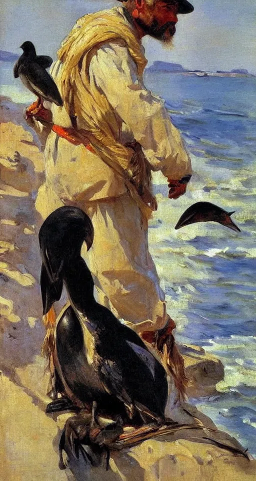 Image similar to orientalist portrait painting of a fisherman with a cormorant on his shoulder, by joaquin sorolla, in romantic style, sfumato, high detail, masterpiece