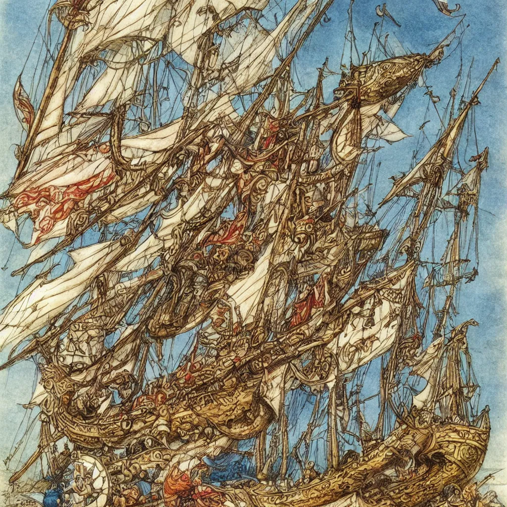 Prompt: viking ship sailing away, by maria sibylla merian, tony diterlizzi and brian froud