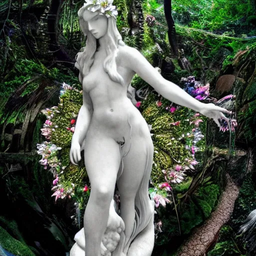 Image similar to an idealistic marble statue, fully clothed, with fractal flowery hair in a fractal garden, glowing delicate flower and mushrooms that grow in a dark fatansy forest on the planet pandora,, symmetrical,