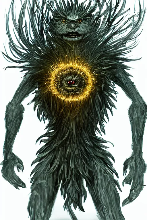 Prompt: a humanoid figure dandelion monster with large glowing eyes, highly detailed, digital art, sharp focus, trending on art station, artichoke, ambient lighting, anime art style