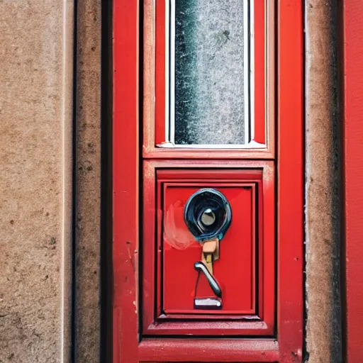 Prompt: A door inside a french college building with a sticker on it of the Red Bird Studios logo, the door is slightly opened with a pair of eyes peeking through the gap