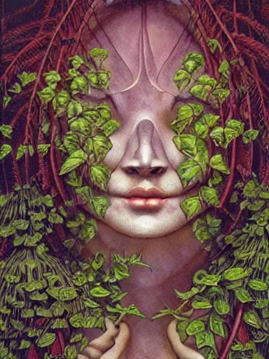 Image similar to The Hanging-Gardens of Pareidolia, ivy, verbena and pothos growing facial features and optical-illusions!!!!!, aesthetic!!!, by Gerald Brom in the style of Johfra Bosschart in the style of,