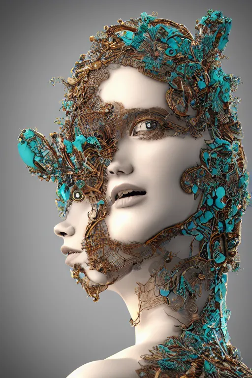 Prompt: complex 3d render ultra detailed of a beautiful dark porcelain female face, biomechanical cyborg, analog, 150 mm lens, beautiful natural soft rim light, big leaves and stems, roots, fine foliage lace, turquoise gold details, Alexander Mcqueen high fashion haute couture, art nouveau fashion embroidered, steampunk, intricate details, mesh wire, mandelbrot fractal, anatomical, facial muscles, cable wires, microchip, elegant, hyper realistic, dark background, ultra detailed, octane render, volumetric lighting, 8k post-production