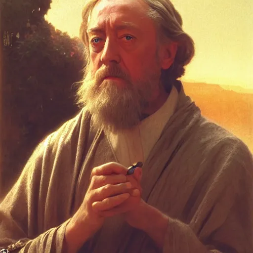 Prompt: Painting of Sir Alec Guinness as Obi-Wan Kenobi. Art by william adolphe bouguereau. During golden hour. Extremely detailed. Beautiful. 4K. Award winning.