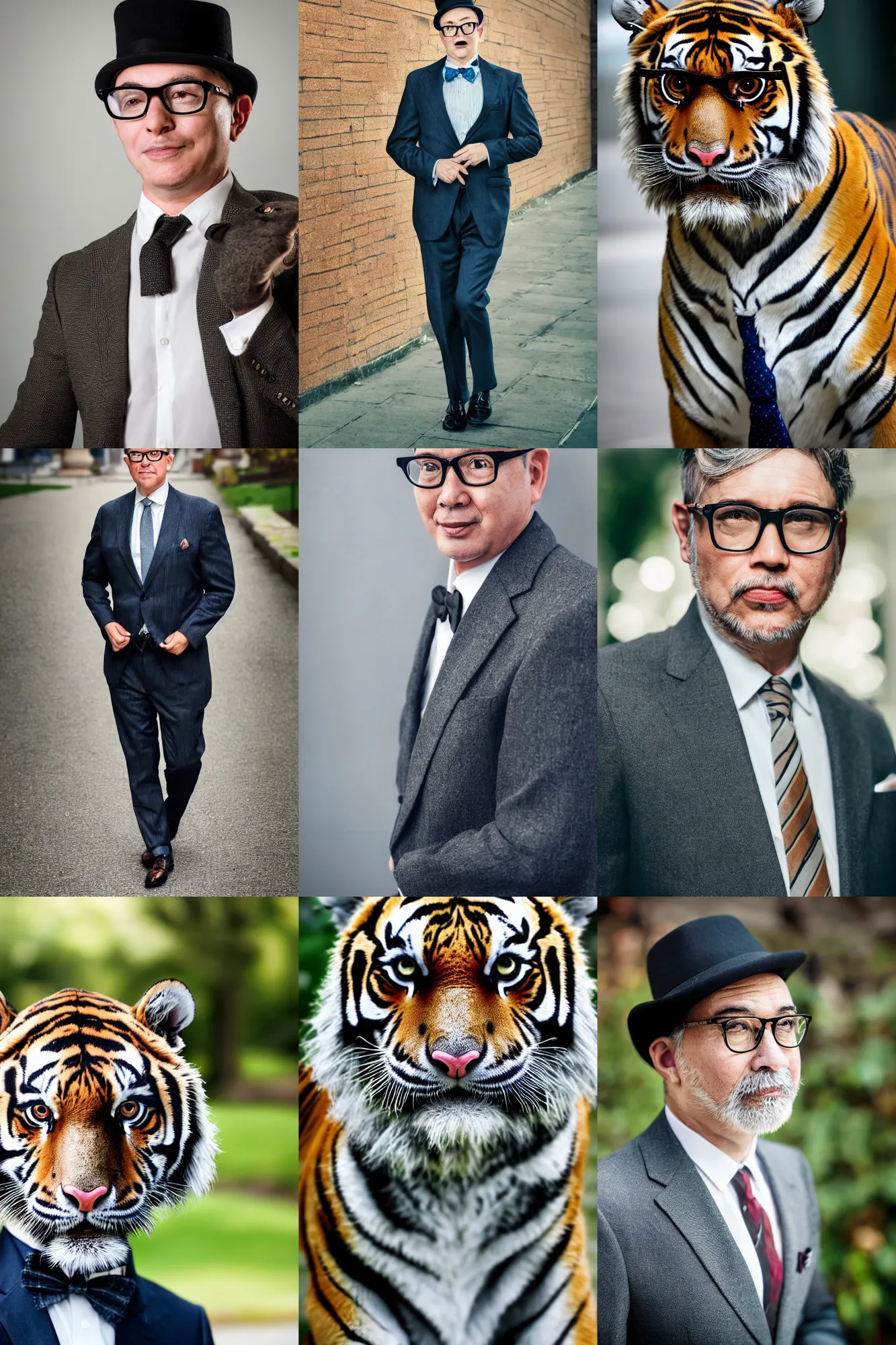 Prompt: high quality 3/4 length portrait photo of a !!graying tiger!! wearing a business suit and tie, wearing a bowler hat, !!wearing modern glasses!!, !!!Anthropomorphic!!!, gentleman tiger photography 4k, f1.8 bokeh, 4k, 85 mm lens, sharp eyes, looking at camera, photorealistic, trending on artstation, trending on getty