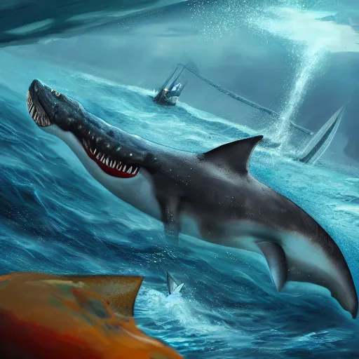 Prompt: Underwater scene of a Kronosaurus attacking a Megaladon, realistic, trending on artstation, concept art, digital painting, detailed, 4k