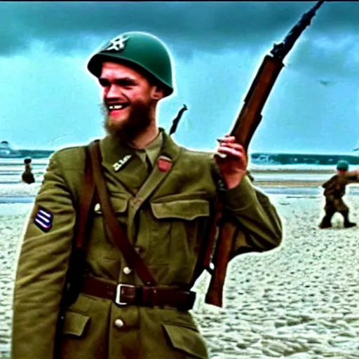 Prompt: Pewdiepie storming the beaches of Normandy, Saving Private Ryan, 1945, Colourized