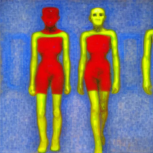 Prompt: cyborgs by piet mondrian, in red blue and yellow