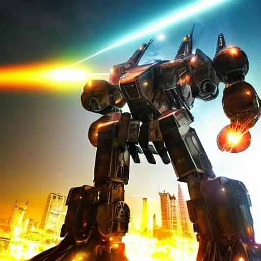 Image similar to A highly detailed photo of a giant futuristic mech launching missiles and firing lasers in a city