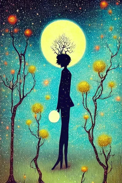 Prompt: surreal neil gaiman's sandman, Dream, magic realism, flowerpunk, mysterious, A tree fades into starry space, vivid colors, by andy kehoe, amanda clarke