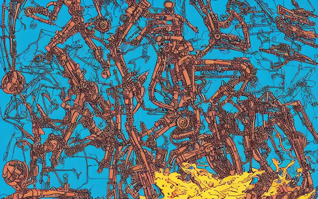 Prompt: complex alien technology in the form of a giant machine, with many moving parts and strange symbols by ryan mcginley and moebius, style of lapis lazuli