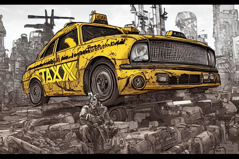 Image similar to cell shaded!! Taxi cab as Borderlands 3 concept art, llustration, concept art by Laurie Greasley, highly detailed, sharp focus,alien, HQ, 4K ,art by Laurie Greasley