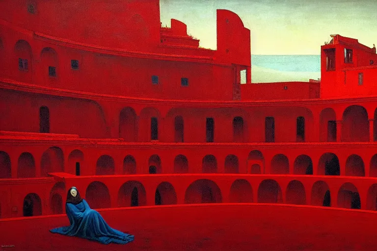 Image similar to only with red, a red great emperor, taormina amphitheatre, crowd with big smile, in the style of beksinski, parts by edward hopper, parts by rodcenko, parts by yue minjun, intricate and epic composition, red by caravaggio, insanely quality, highly detailed, masterpiece, red light, artstation, 4 k