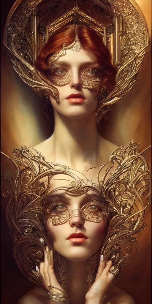 Image similar to a beautiful hyperrealistic portrait pose of a stunning Art Deco model in a sunbeam, intricate, elegant, highly detailed, smooth, sharp focus, award-winning, masterpiece, in the style of Tom Bagshaw, Cedric Peyravernay, Peter Mohrbacher