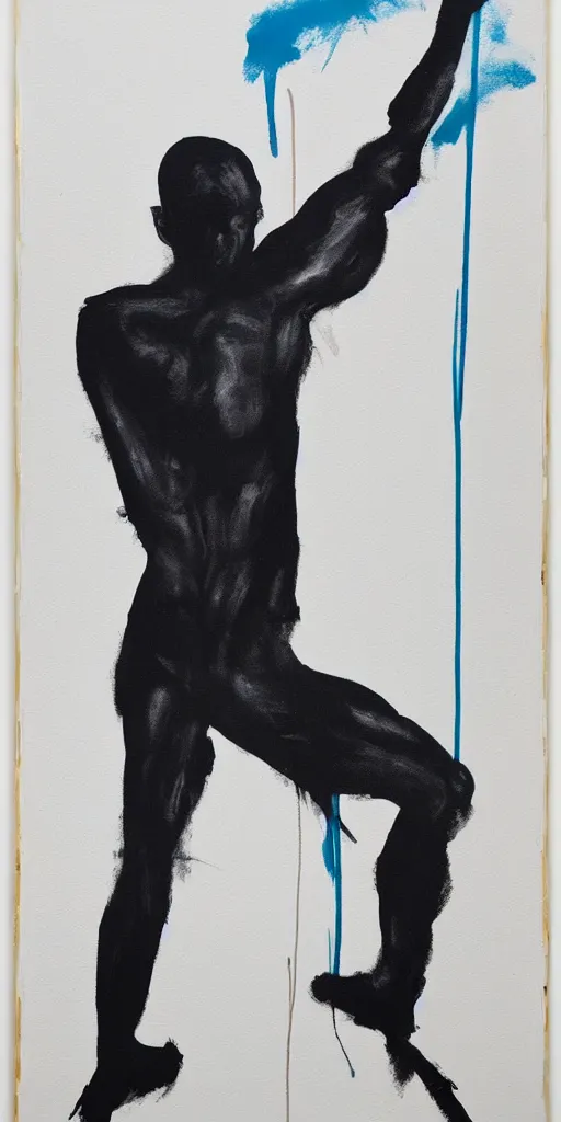 Prompt: thick paint brush strokes, outline of a thin athletic male physique doing pullup, matte paint colors, minimal painting, negative space, james nares